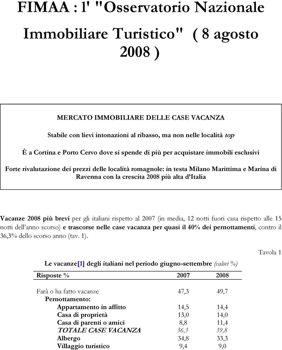 alta d Italia Vacanze 2008 più brevi per gli italiani rispetto al 2007 (in media, 12 notti fuori casa rispetto alle 15 notti dell anno scorso) e trascorse nelle case vacanza per quasi il 40% dei