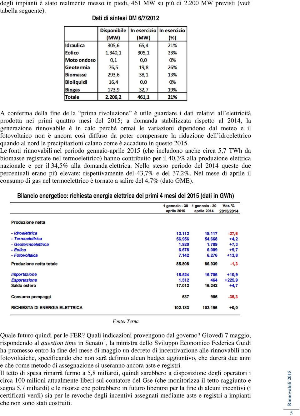 2014, la generazione rinnovabile è in calo perché ormai le variazioni dipendono dal meteo e il fotovoltaico non è ancora così diffuso da poter compensare la riduzione dell idroelettrico quando al