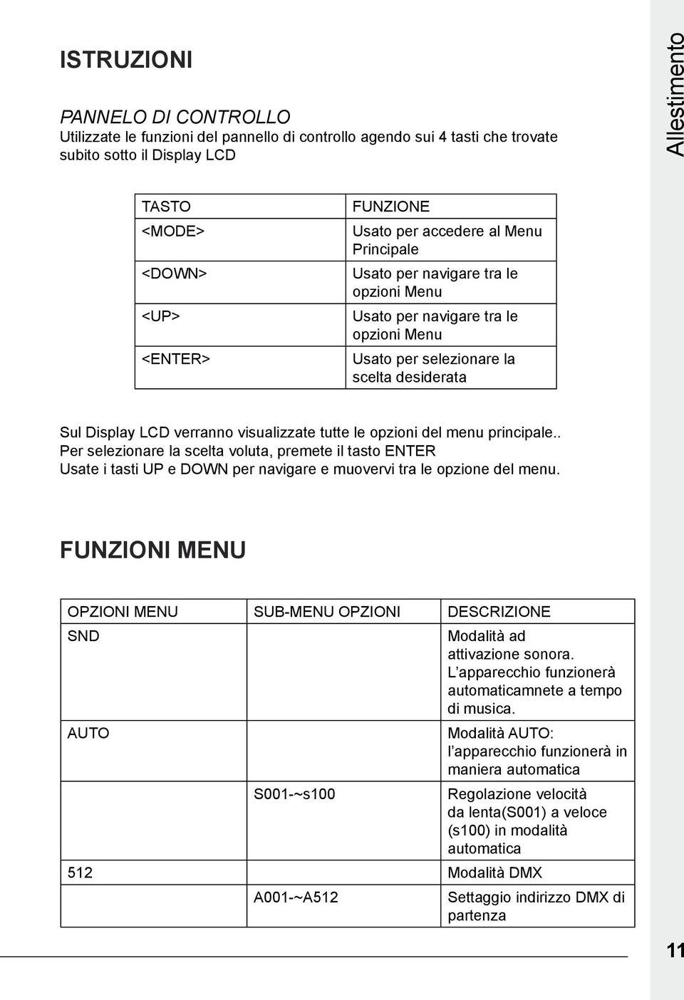 tutte le opzioni del menu principale.. Per selezionare la scelta voluta, premete il tasto ENTER Usate i tasti UP e DOWN per navigare e muovervi tra le opzione del menu.