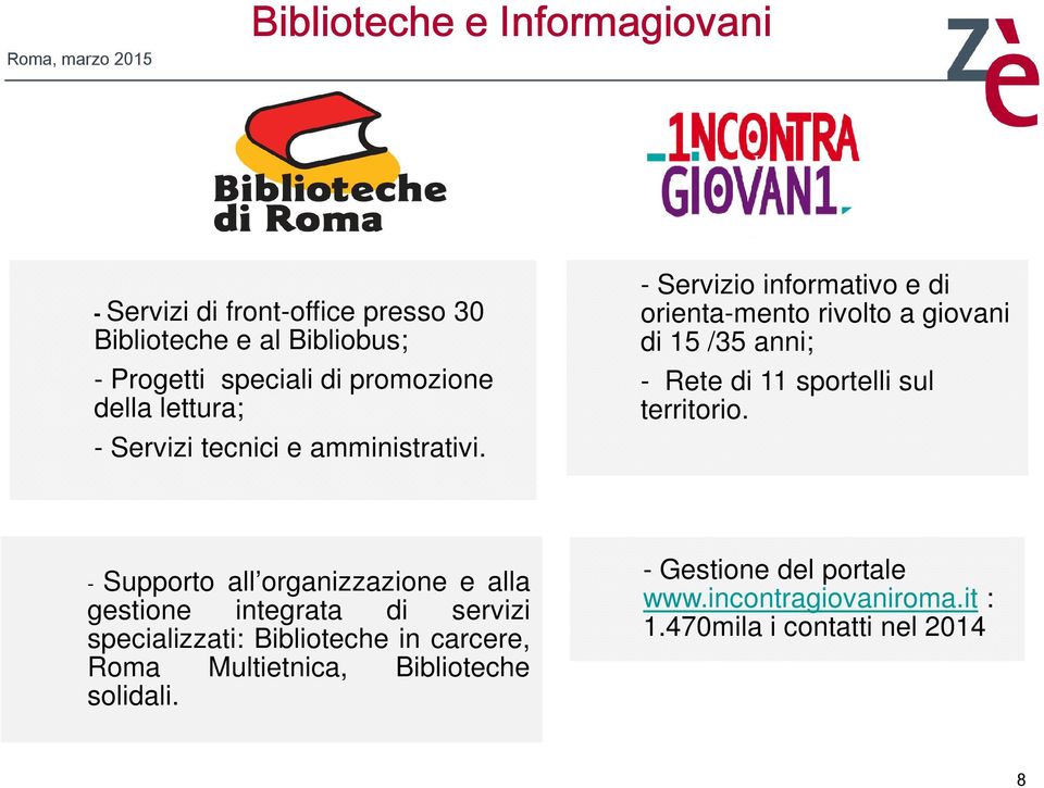 - Servizio informativo e di orienta-mento rivolto a giovani di 15 /35 anni; - Rete di 11 sportelli sul territorio.