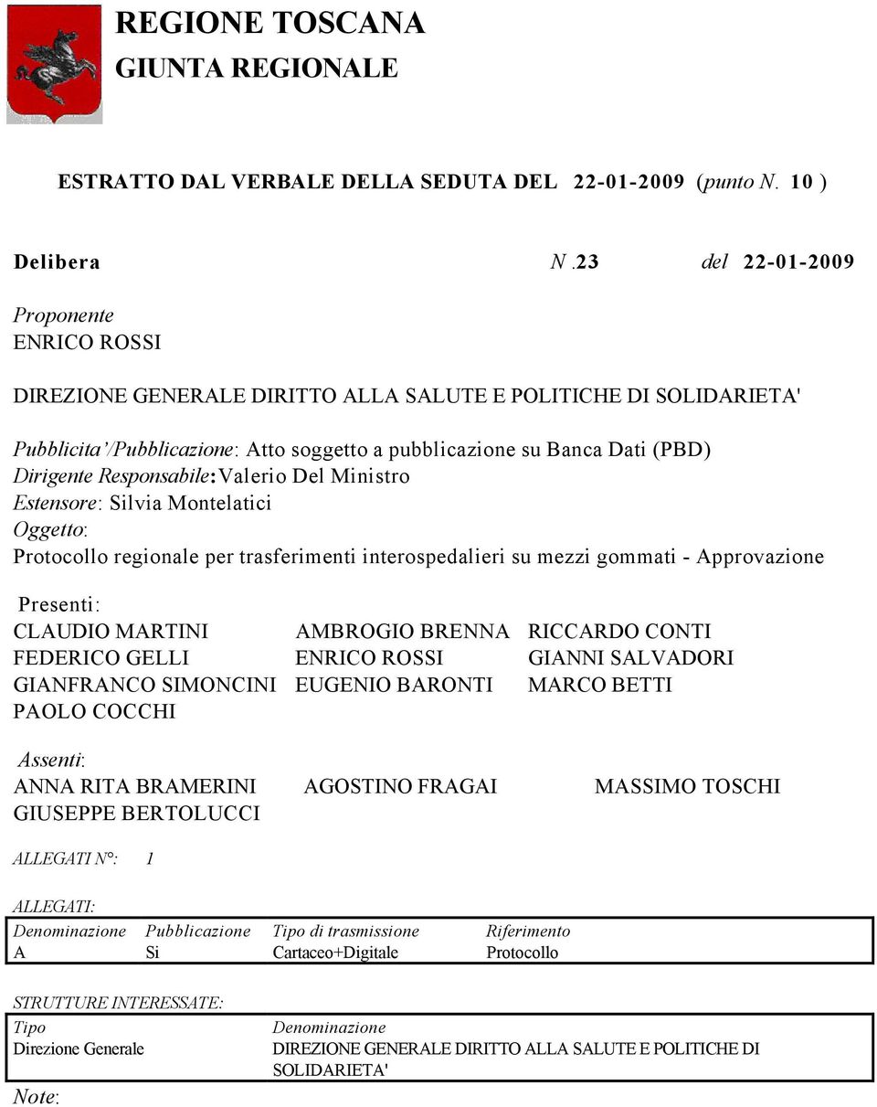 Responsabile:Valerio Del Ministro Estensore: Silvia Montelatici Oggetto: Protocollo regionale per trasferimenti interospedalieri su mezzi gommati - Approvazione Presenti: CLAUDIO MARTINI AMBROGIO