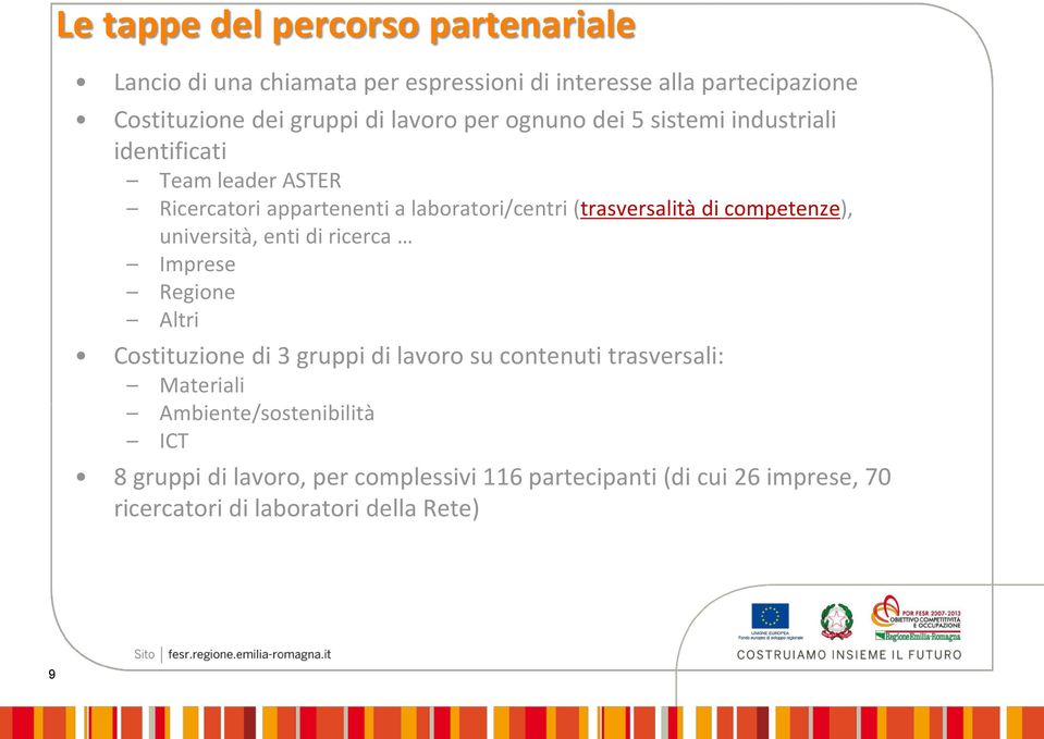 di competenze), università, enti di ricerca Imprese Regione Altri Costituzione di 3 gruppi di lavoro su contenuti trasversali: Materiali