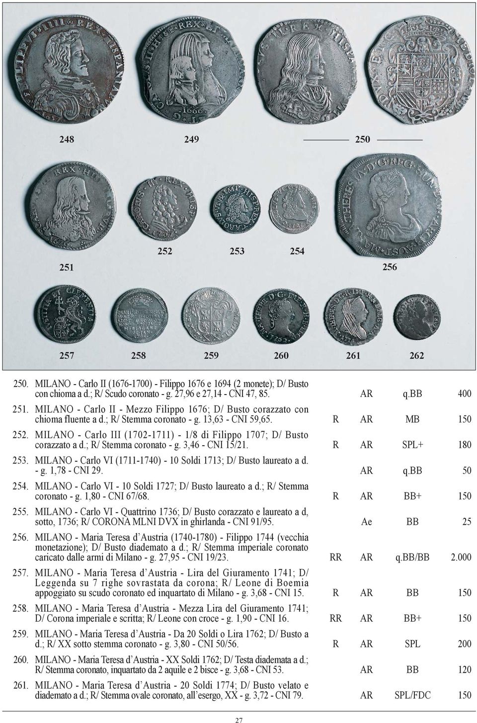 MILANO - Carlo III (1702-1711) - 1/8 di Filippo 1707; D/ Busto corazzato a d.; R/ Stemma coronato - g. 3,46 - CNI 15/21. R AR SPL+ 180 253.