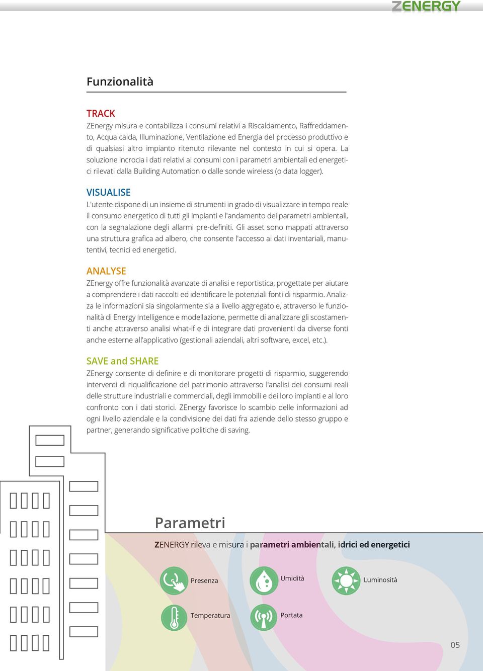 La soluzione incrocia i dati relativi ai consumi con i parametri ambientali ed energetici rilevati dalla Building Automation o dalle sonde wireless (o data logger).