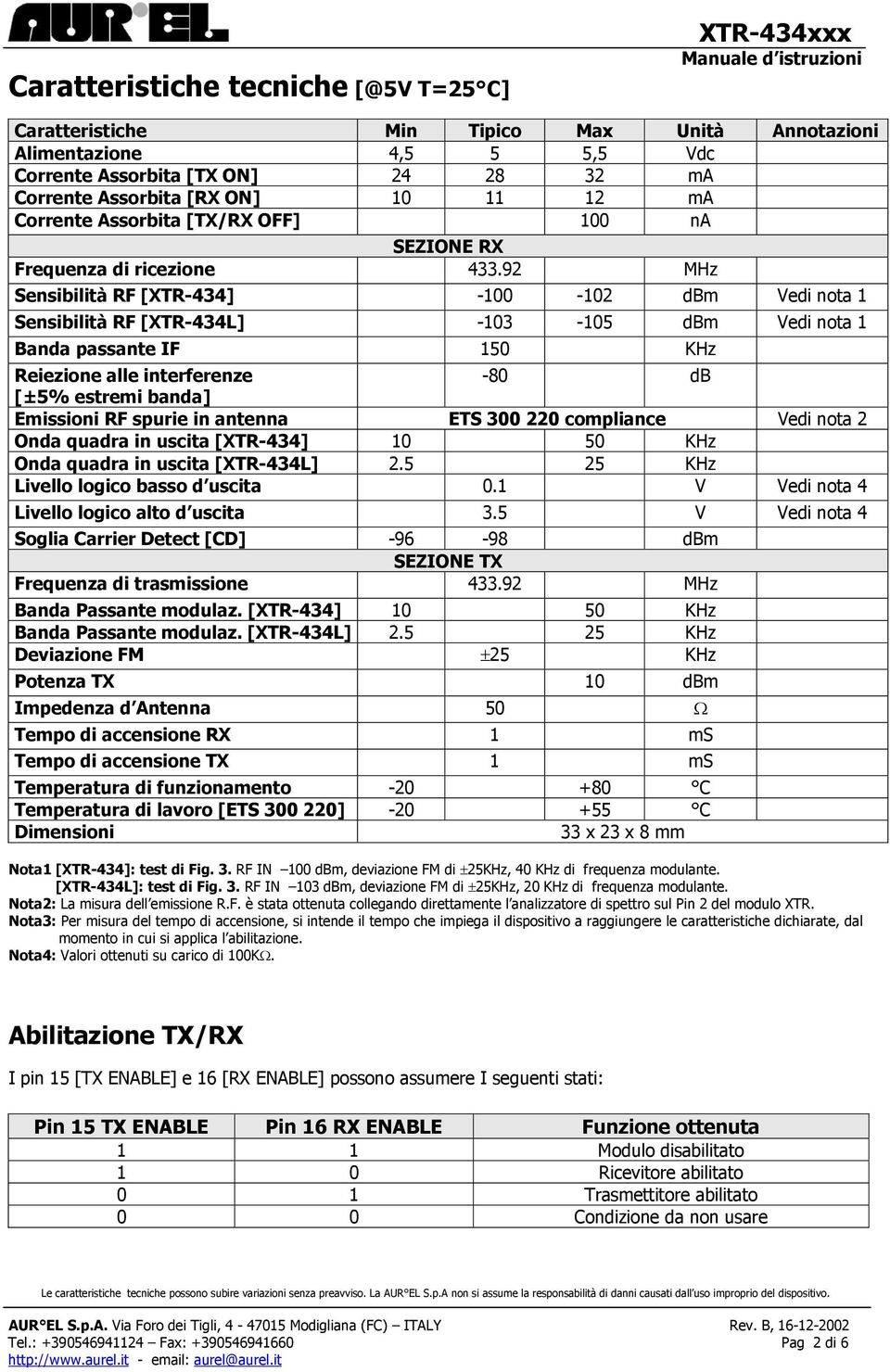 92 MHz Sensibilità RF [XTR-434] -100-102 dbm Vedi nota 1 Sensibilità RF [XTR-434L] -103-105 dbm Vedi nota 1 Banda passante IF 150 KHz Reiezione alle interferenze -80 db [±5% estremi banda] Emissioni