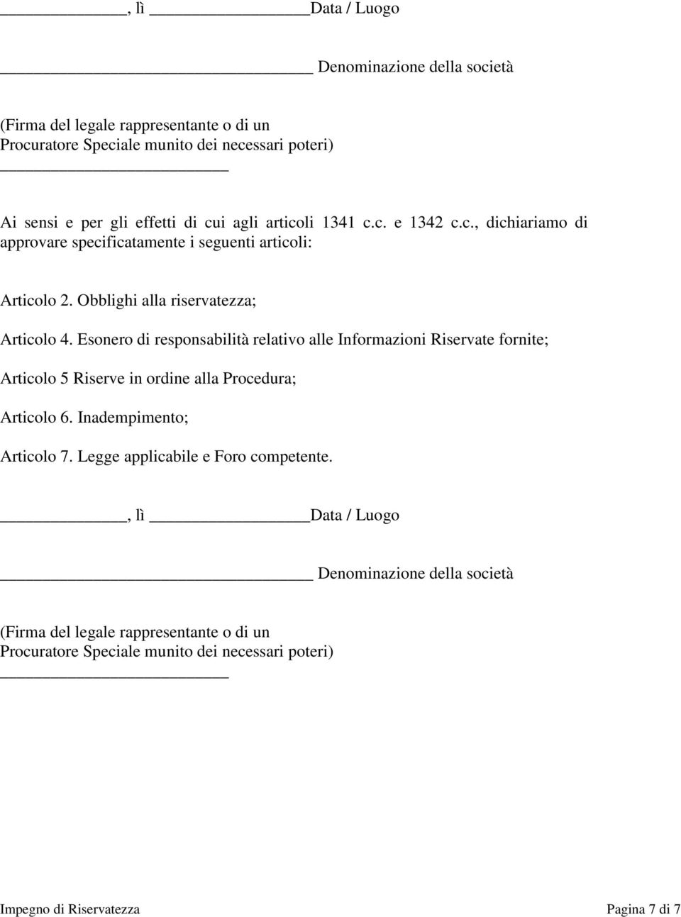 Esonero di responsabilità relativo alle Informazioni Riservate fornite; Articolo 5 Riserve in ordine alla Procedura; Articolo 6. Inadempimento; Articolo 7.