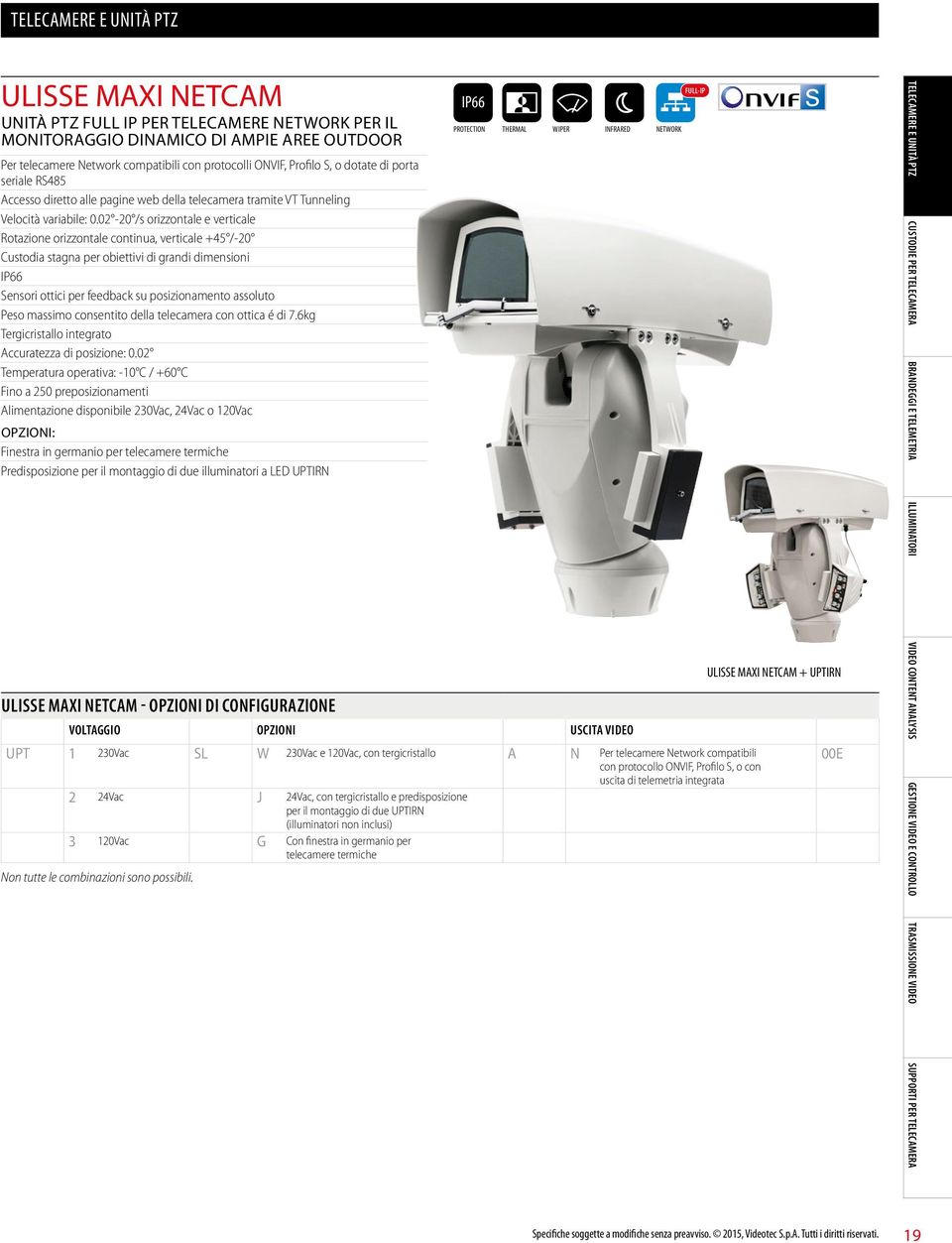 02-20 /s orizzontale e verticale Rotazione orizzontale continua, verticale +45 /-20 Custodia stagna per obiettivi di grandi dimensioni Sensori ottici per feedback su posizionamento assoluto Peso