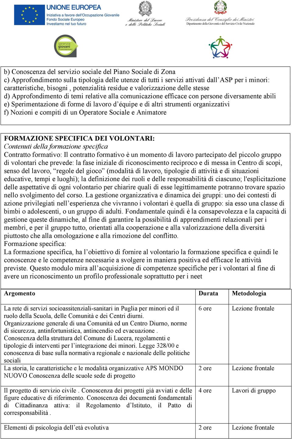 strumenti organizzativi f) Nozioni e compiti di un Operatore Sociale e Animatore FORMAZIONE SPECIFICA DEI VOLONTARI: Contenuti della formazione specifica Contratto formativo: Il contratto formativo è