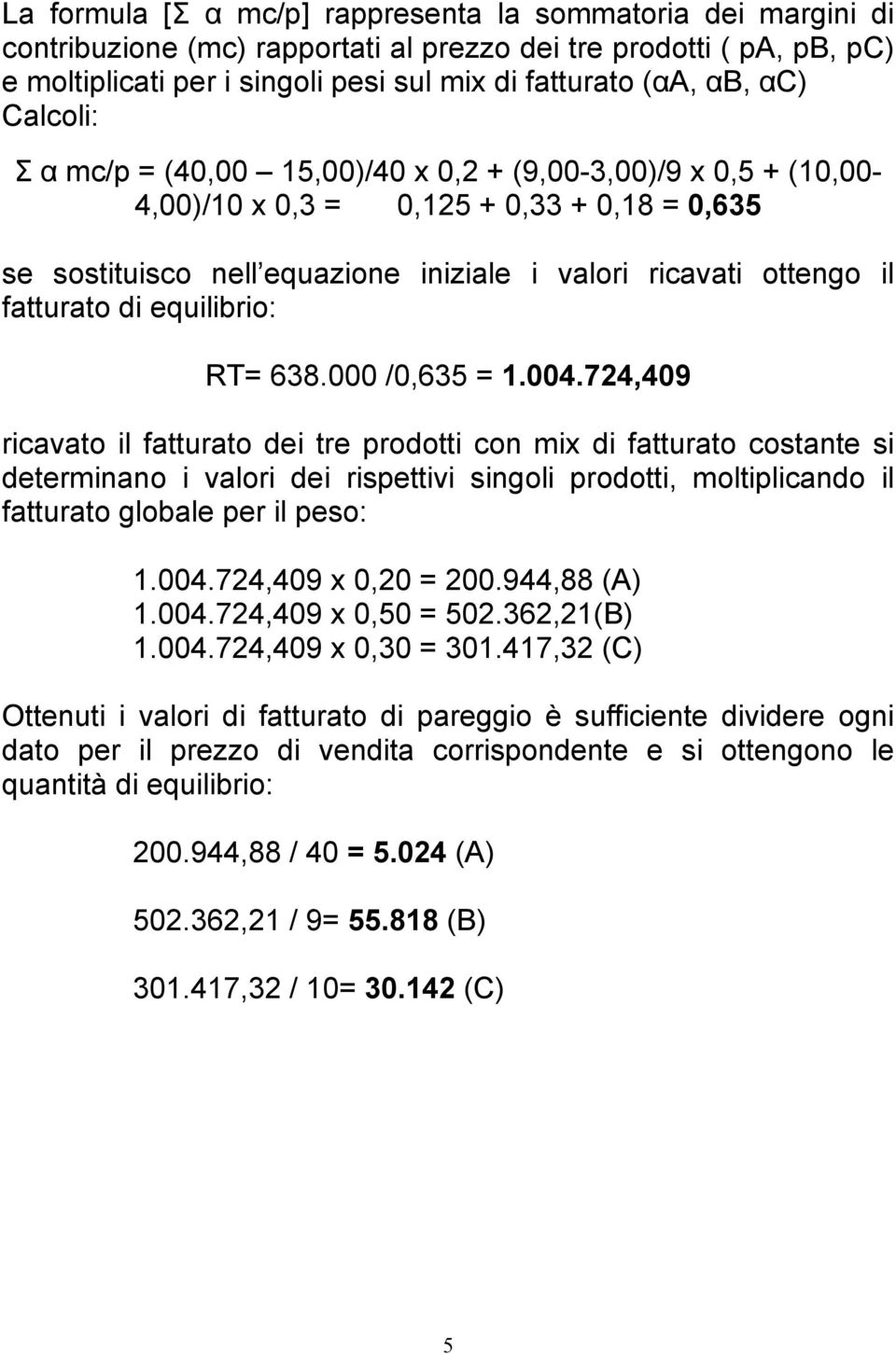 fatturato di equilibrio: RT= 638.000 /0,635 = 1.004.