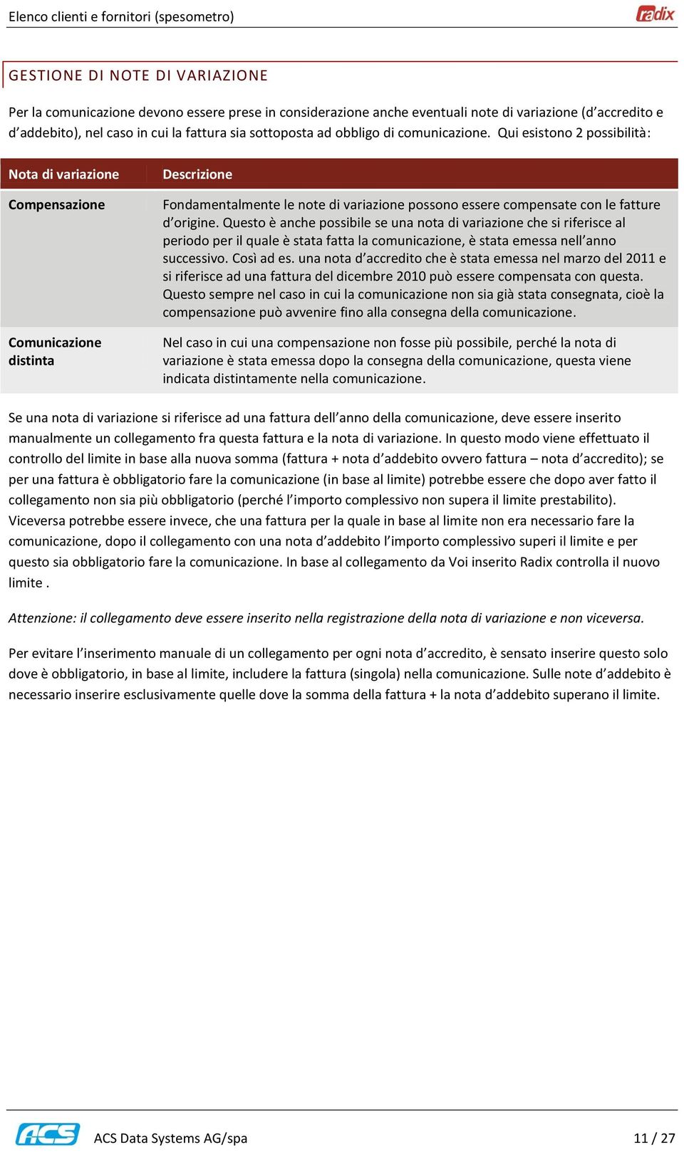 Qui esistono 2 possibilità: Nota di variazione Compensazione Comunicazione distinta Descrizione Fondamentalmente le note di variazione possono essere compensate con le fatture d origine.