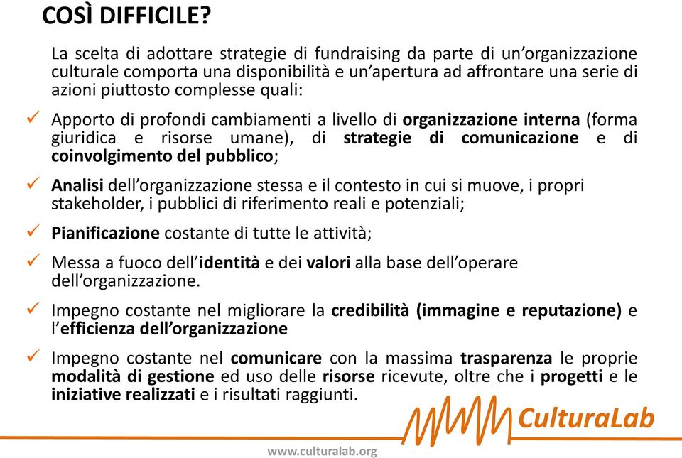 profondi cambiamenti a livello di organizzazione interna (forma giuridica e risorse umane), di strategie di comunicazione e di coinvolgimento del pubblico; Analisi dell organizzazione stessa e il