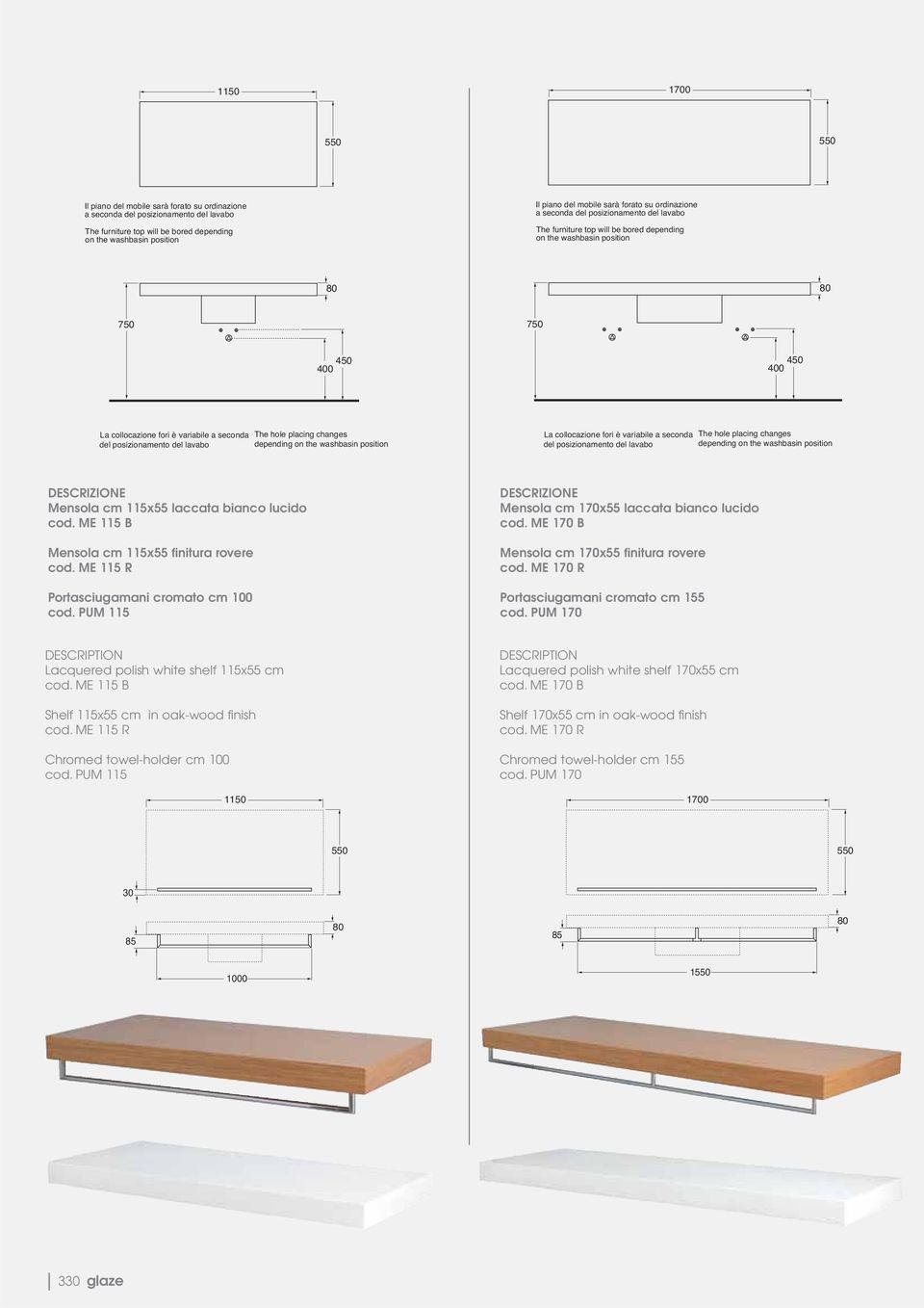 del lavabo The hole placing changes depending on the washbasin position La collocazione fori è variabile a seconda del posizionamento del lavabo The hole placing changes depending on the washbasin