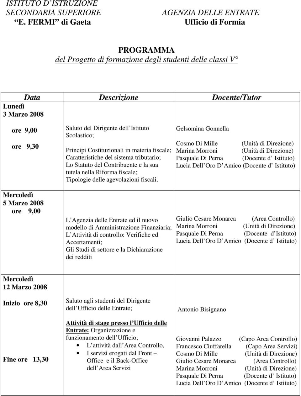 Mercoledì 5 Marzo 2008 ore 9,00 Saluto del Dirigente dell Istituto Scolastico; Principi Costituzionali in materia fiscale; Caratteristiche del sistema tributario; Lo Statuto del Contribuente e la sua