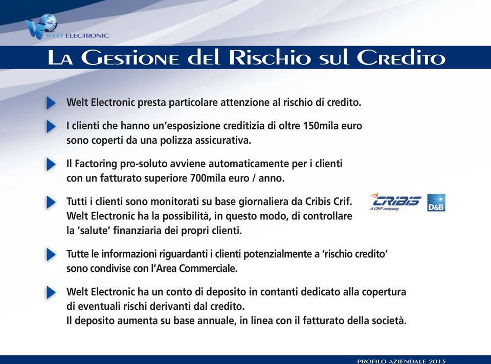 Il Factoring pro-soluto avviene automaticamente per i clienti con un fatturato superiore 700mila euro / anno. Tutti i clienti sono monitorati su base giornaliera da Cribis Crif.