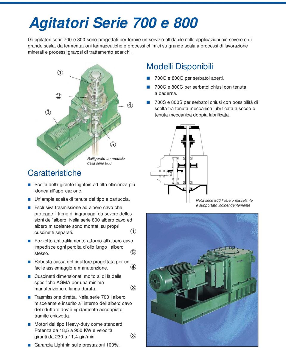 3 2 4 700C e 800C per serbatoi chiusi con tenuta a baderna. 700S e 800S per serbatoi chiusi con possibilità di scelta tra tenuta meccanica lubrificata a secco o tenuta meccanica doppia lubrificata.