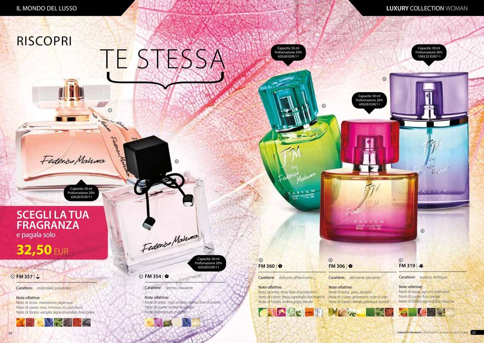 Note di fondo: vaniglia, legno di sandalo, fava tonka Capacità: 50 ml Profumazione 0% 650,00 EUR/ l FM 54 sereno, rilassante Note di testa: rosa, violetta alpina, fiore di cotone Note di cuore: aroma