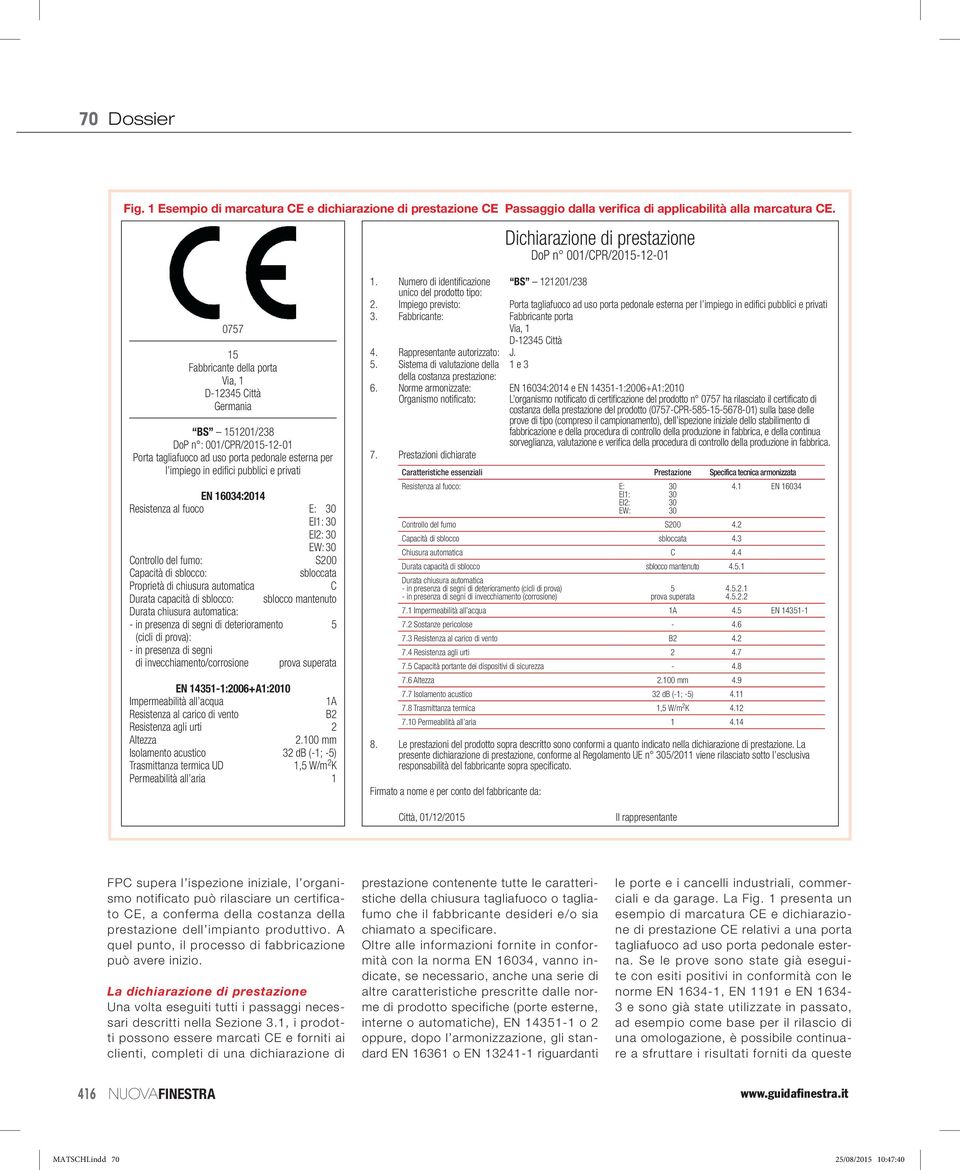 esterna per l impiego in edifici pubblici e privati EN 16034:2014 Resistenza al fuoco E: EI1: : EW: Controllo del : S200 Capacità di sblocco: sbloccata Proprietà di chiusura automatica C Durata