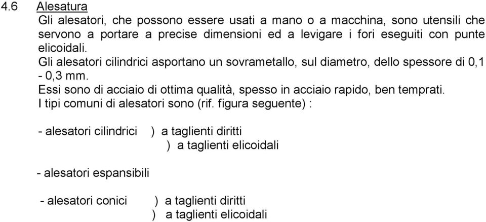 Essi sono di acciaio di ottima qualità, spesso in acciaio rapido, ben temprati. I tipi comuni di alesatori sono (rif.