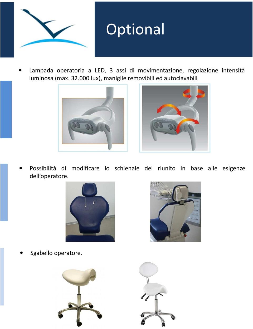 000 lux), maniglie removibili ed autoclavabili Possibilità di