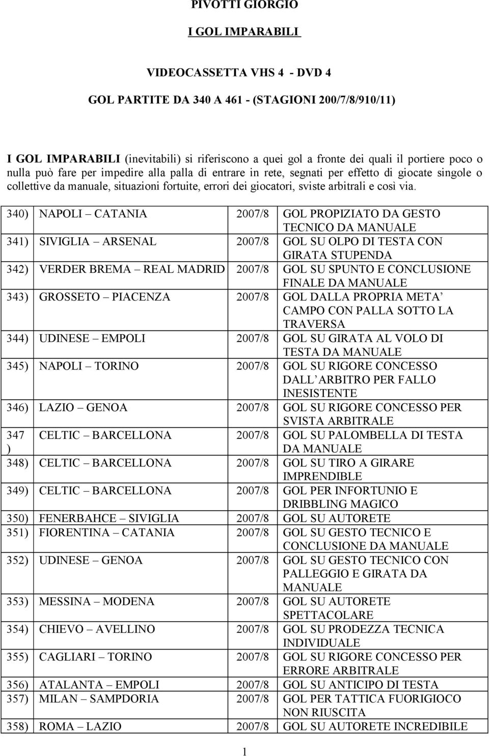 340) NAPOLI CATANIA 2007/8 GOL PROPIZIATO DA GESTO TECNICO DA 341) SIVIGLIA ARSENAL 2007/8 GOL SU OLPO DI TESTA CON GIRATA STUPENDA 342) VERDER BREMA REAL MADRID 2007/8 GOL SU SPUNTO E CONCLUSIONE