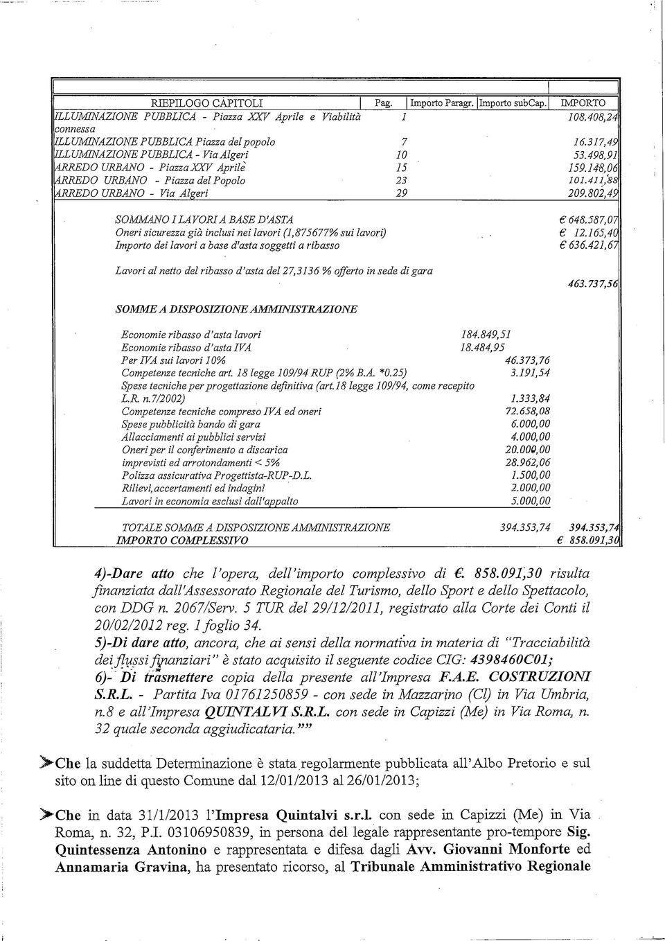 Piazza del Popolo 23 ARREDO URBANO - Via Algeri 29 SOMMANO I LAVORI A BASE D'ASTA Oneri sicurezza già inclusi nei lavori (1, 875677% sui lavori) Importo dei lavori a base d'asta soggetti a ribasso