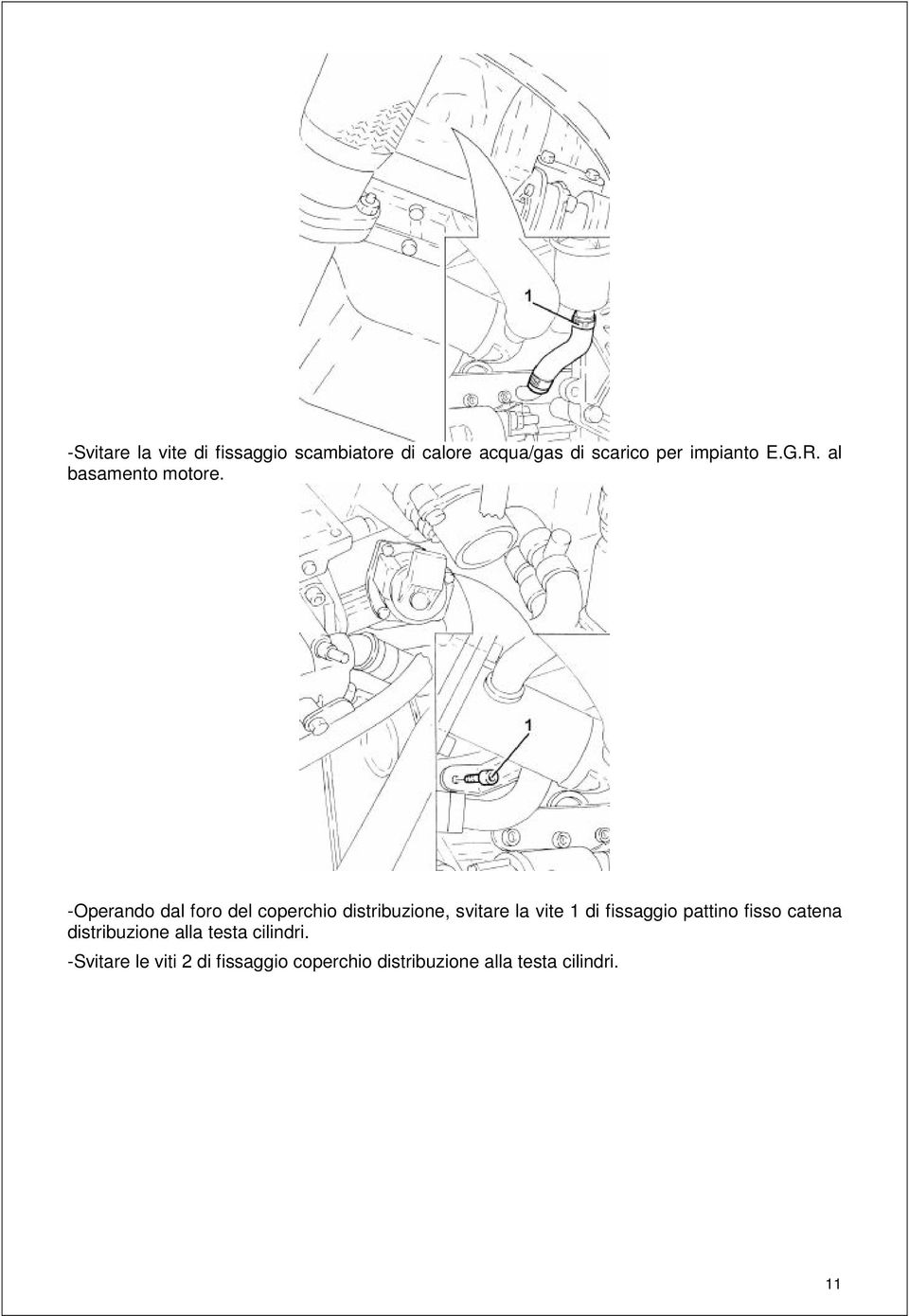 -Operando dal foro del coperchio distribuzione, svitare la vite 1 di fissaggio