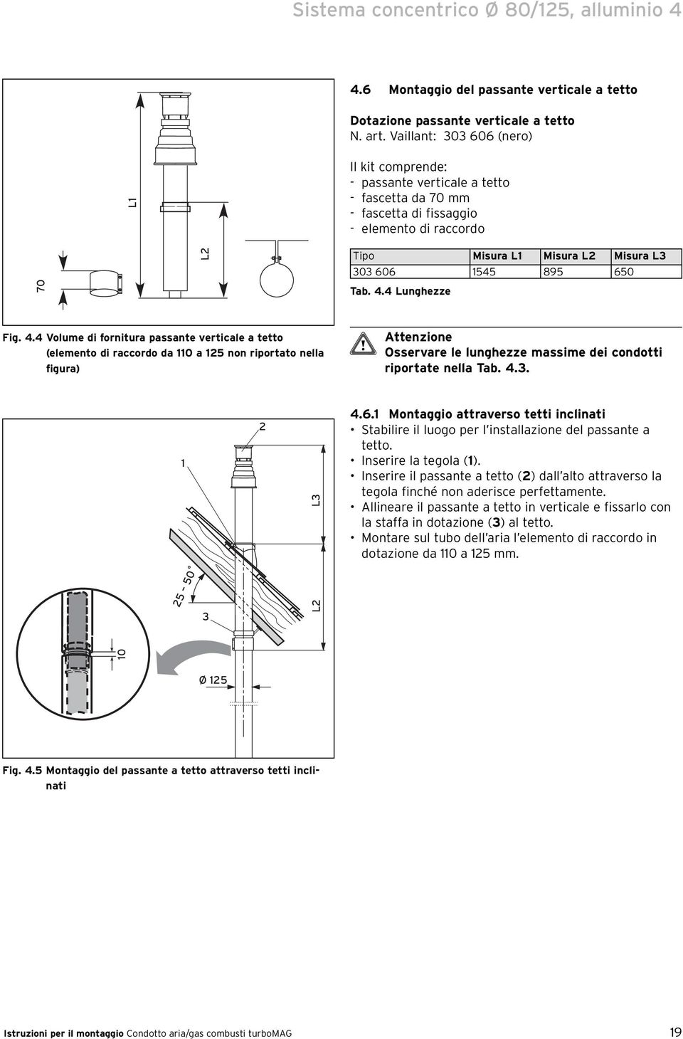 4 Lunghezze Fig. 4.4 Volume di fornitura passante verticale a tetto (elemento di raccordo da 0 a 5 non riportato nella figura) Osservare le lunghezze massime dei condotti riportate nella Tab. 4.. L 4.