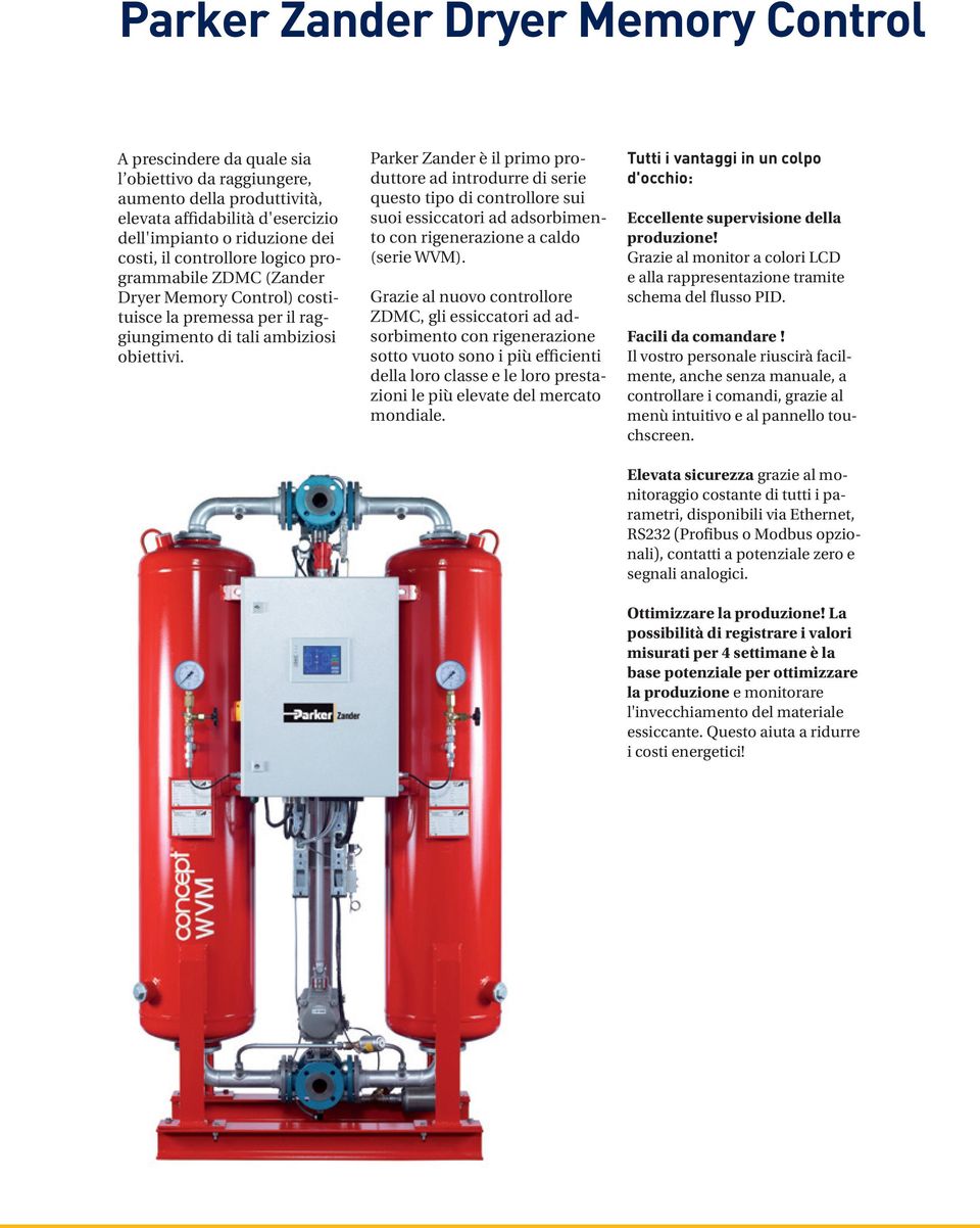 Parker Zander è il primo produttore ad introdurre di serie questo tipo di controllore sui suoi essiccatori ad adsorbimento con rigenerazione a caldo (serie WVM).