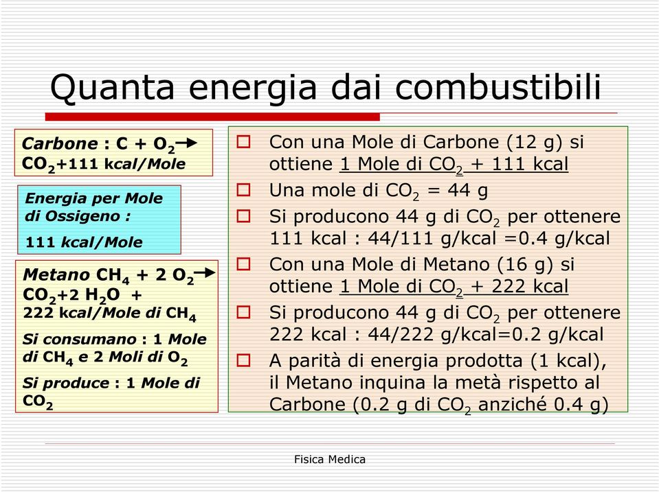 44 g Si producono 44 g di CO 2 per ottenere 111 kcal : 44/111 g/kcal =0.