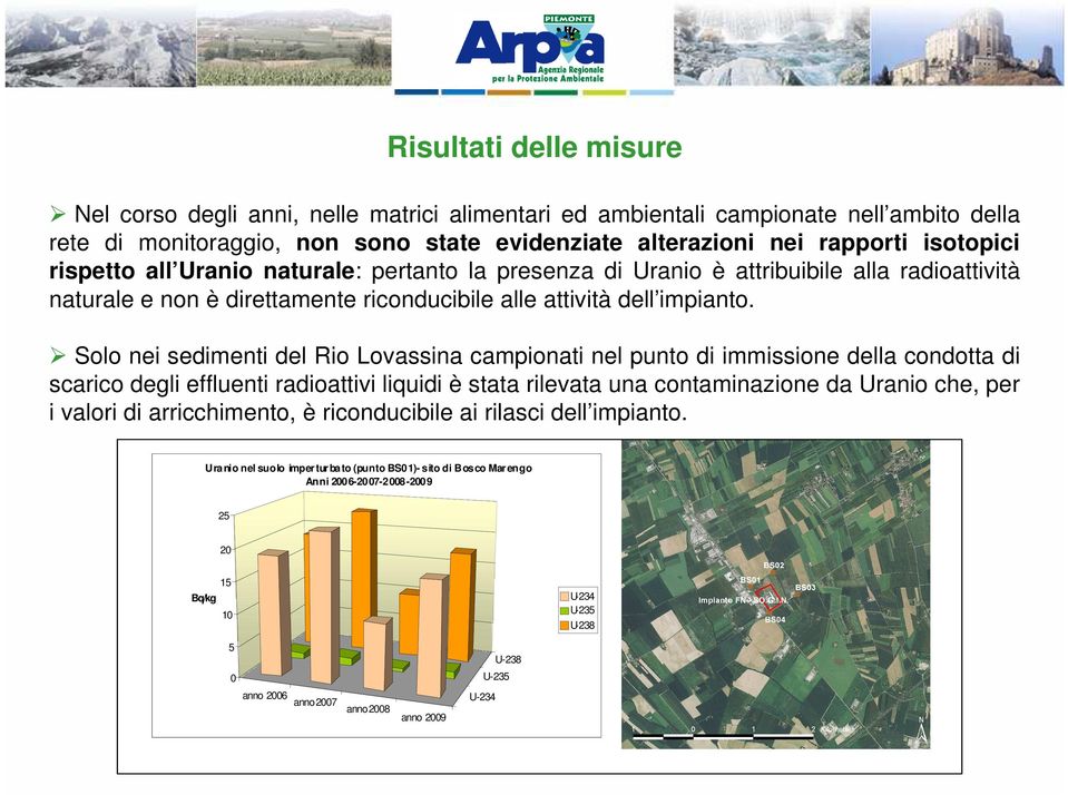 Solo nei sedimenti del Rio Lovassina campionati nel punto di immissione della condotta di scarico degli effluenti radioattivi liquidi è stata rilevata una contaminazione da Uranio che, per i valori