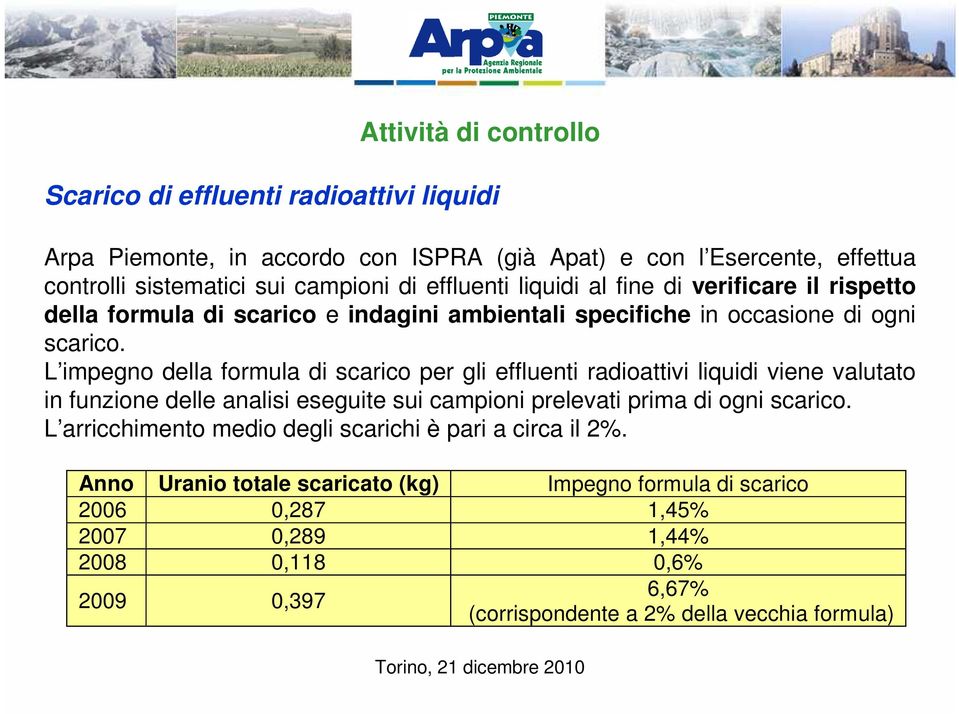 L impegno della formula di scarico per gli effluenti radioattivi liquidi viene valutato in funzione delle analisi eseguite sui campioni prelevati prima di ogni scarico.