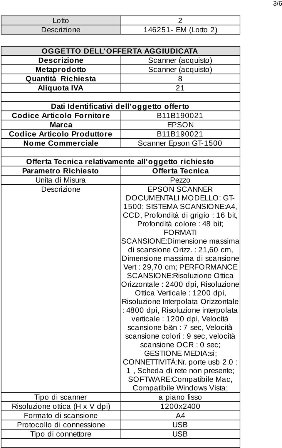 MODELLO: GT- 1500; SISTEMA SCANSIONE:A4, CCD, Profondità di grigio : 16 bit, Profondità colore : 48 bit; FORMATI SCANSIONE:Dimensione massima di scansione Orizz.