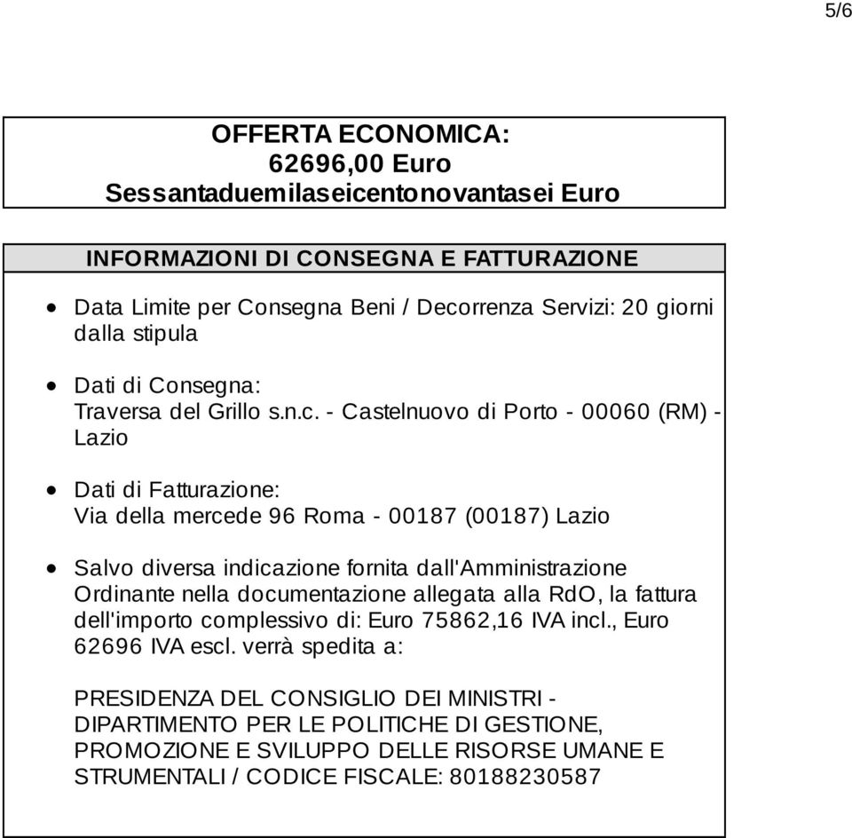 - Castelnuovo di Porto - 00060 (RM) - Lazio Dati di Fatturazione: Via della mercede 96 Roma - 00187 (00187) Lazio Salvo diversa indicazione fornita dall'amministrazione Ordinante