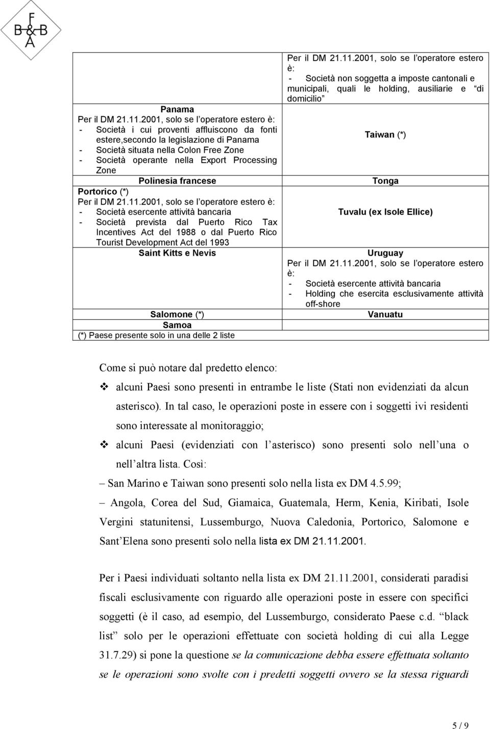 Salomone (*) Samoa (*) Paese presente solo in una delle 2 liste è: - Società non soggetta a imposte cantonali e municipali, quali le holding, ausiliarie e di domicilio Taiwan (*) Tonga Tuvalu (ex