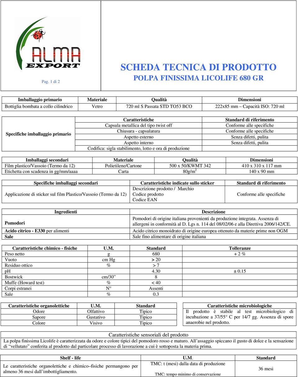 Standard di riferimento Imballaggi secondari Materiale Qualità Dimensioni Film plastico/vassoio (Termo da 12) Polietilene/Cartone 500 x 50/KWMT 342 410 x 310 x 117 mm Etichetta con scadenza in