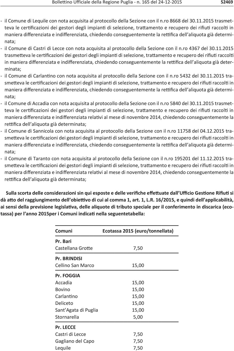 rettifica dell aliquota già determinata; il Comune di Castri di Lecce con nota acquisita al protocollo della Sezione con il n.ro 4367 del 30.11.