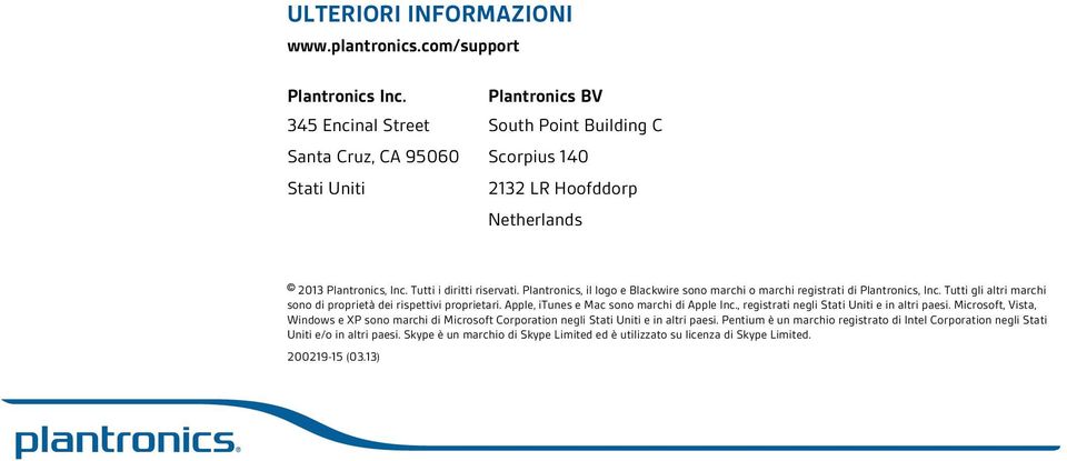 Plantronics, il logo e Blackwire sono marchi o marchi registrati di Plantronics, Inc. Tutti gli altri marchi sono di proprietà dei rispettivi proprietari.