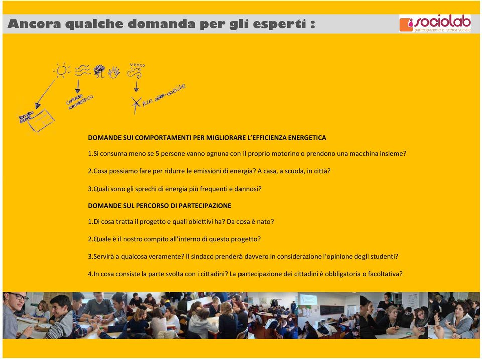 3.Quali sono gli sprechi di energia più frequenti e dannosi? DOMANDE SUL PERCORSO DI PARTECIPAZIONE 1.Di cosa tratta il progetto e quali obiettivi ha? Da cosa è nato? 2.