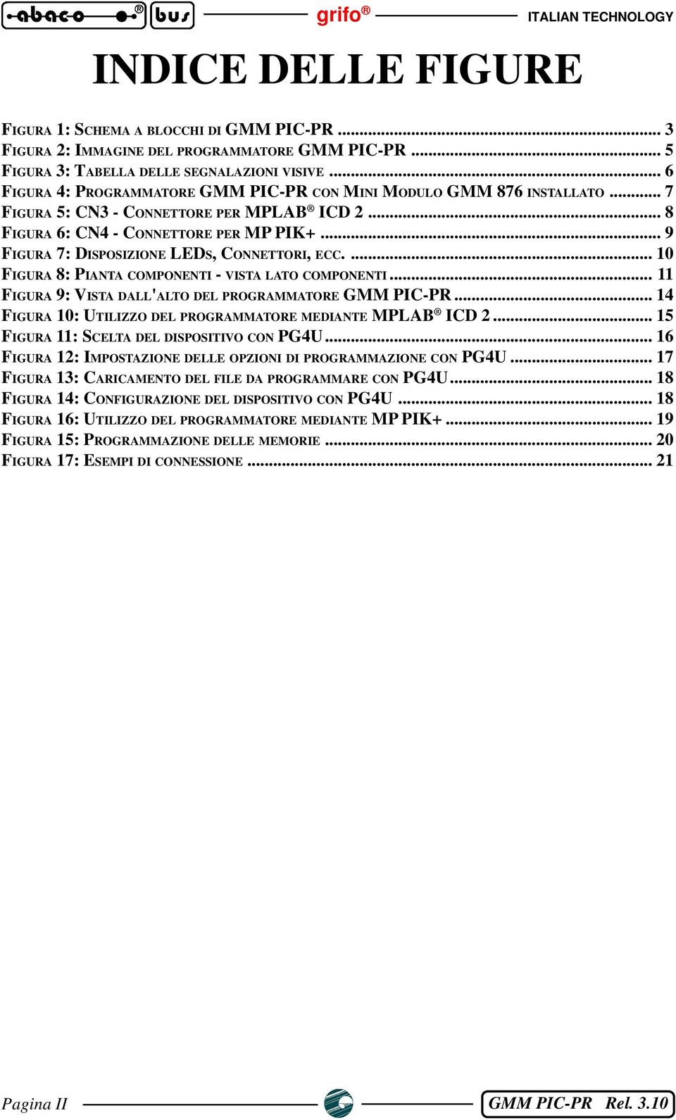 .. 9 FIGURA 7: DISPOSIZIONE LEDS, CONNETTORI, ECC.... 10 FIGURA 8: PIANTA COMPONENTI - VISTA LATO COMPONENTI... 11 FIGURA 9: VISTA DALL'ALTO DEL PROGRAMMATORE GMM PIC-PR.