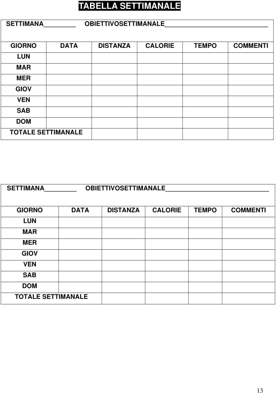 TOTALE SETTIMANALE SETTIMANA OBIETTIVOSETTIMANALE GIORNO DATA 