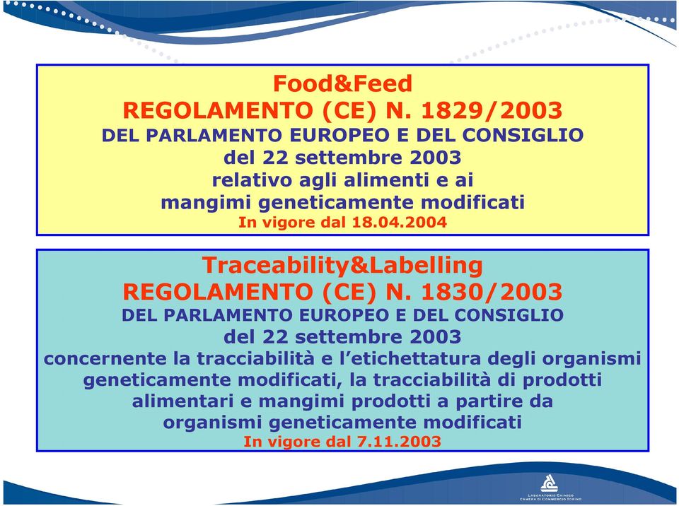 modificati In vigore dal 18.04.2004 Traceability&Labelling REGOLAMENTO (CE) N.