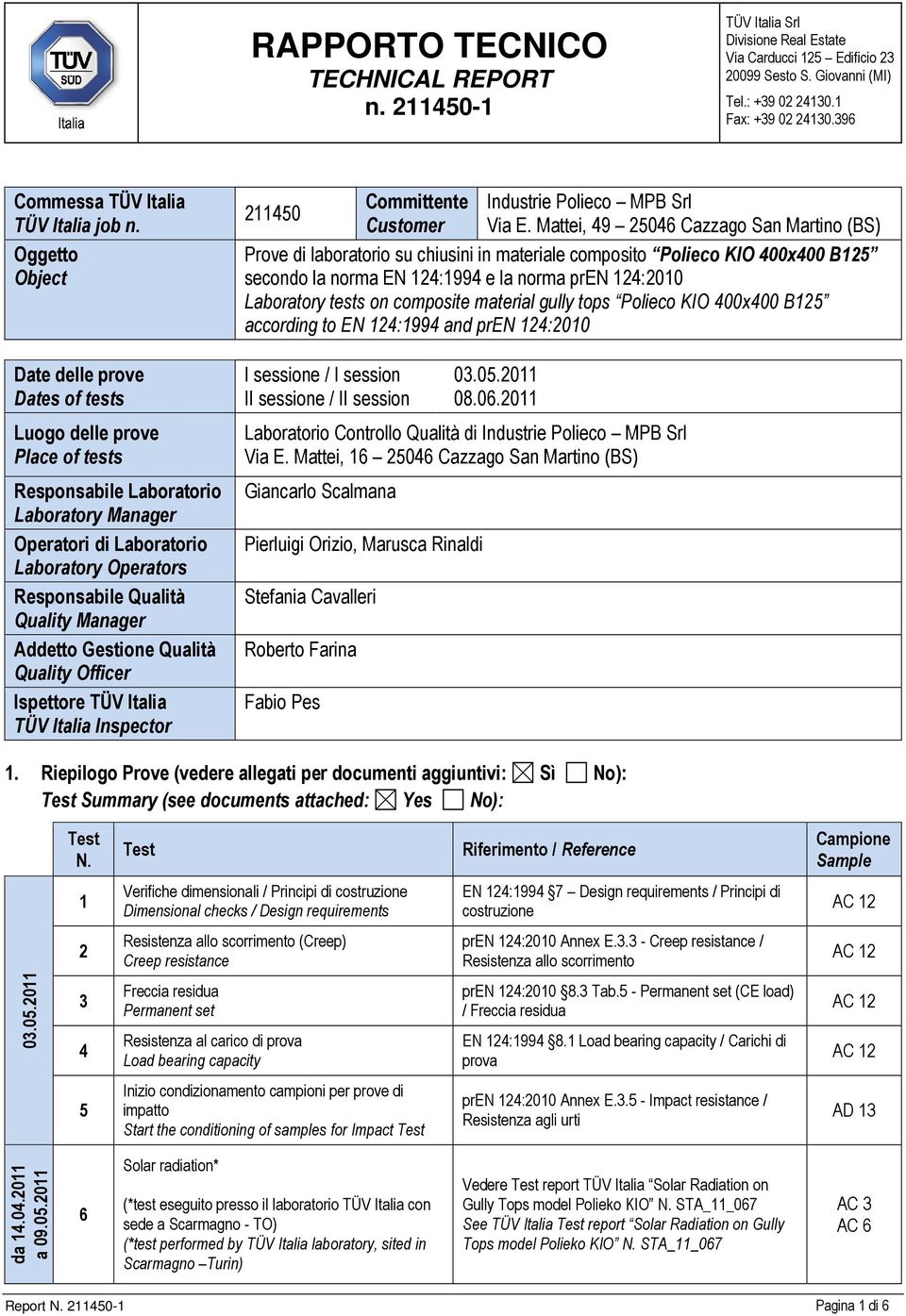 composite material gully tops Polieco KIO 400x400 B25 according to EN 24:994 and pren 24:200 Date delle prove Dates of tests I sessione / I session II sessione / II session 03.05.20 08.06.