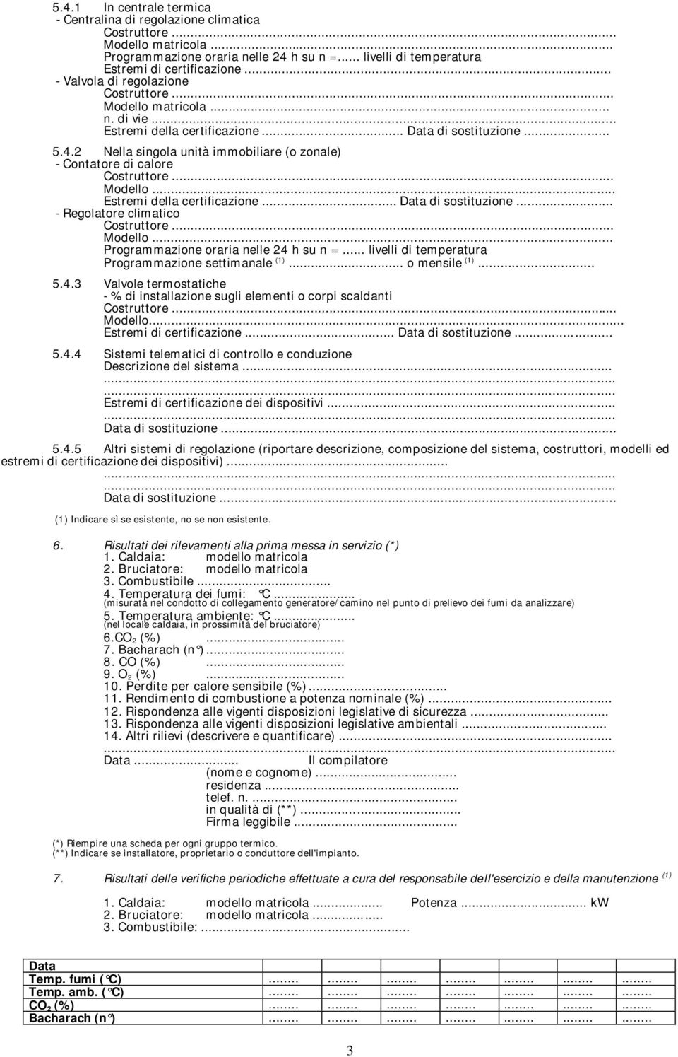 .. 5.4.3 Valvole termostatiche - % di installazione sugli elementi o corpi scaldanti. Modello... di certificazione... Data di sostituzione... 5.4.4 Sistemi telematici di controllo e conduzione Descrizione del sistema.