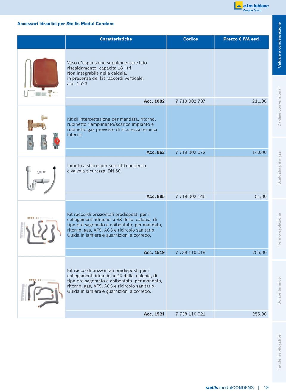 52 Kit di intercettazione per mandata, ritorno, rubinetto riempimento/scarico impianto e rubinetto gas provvisto di sicurezza termica interna Acc.