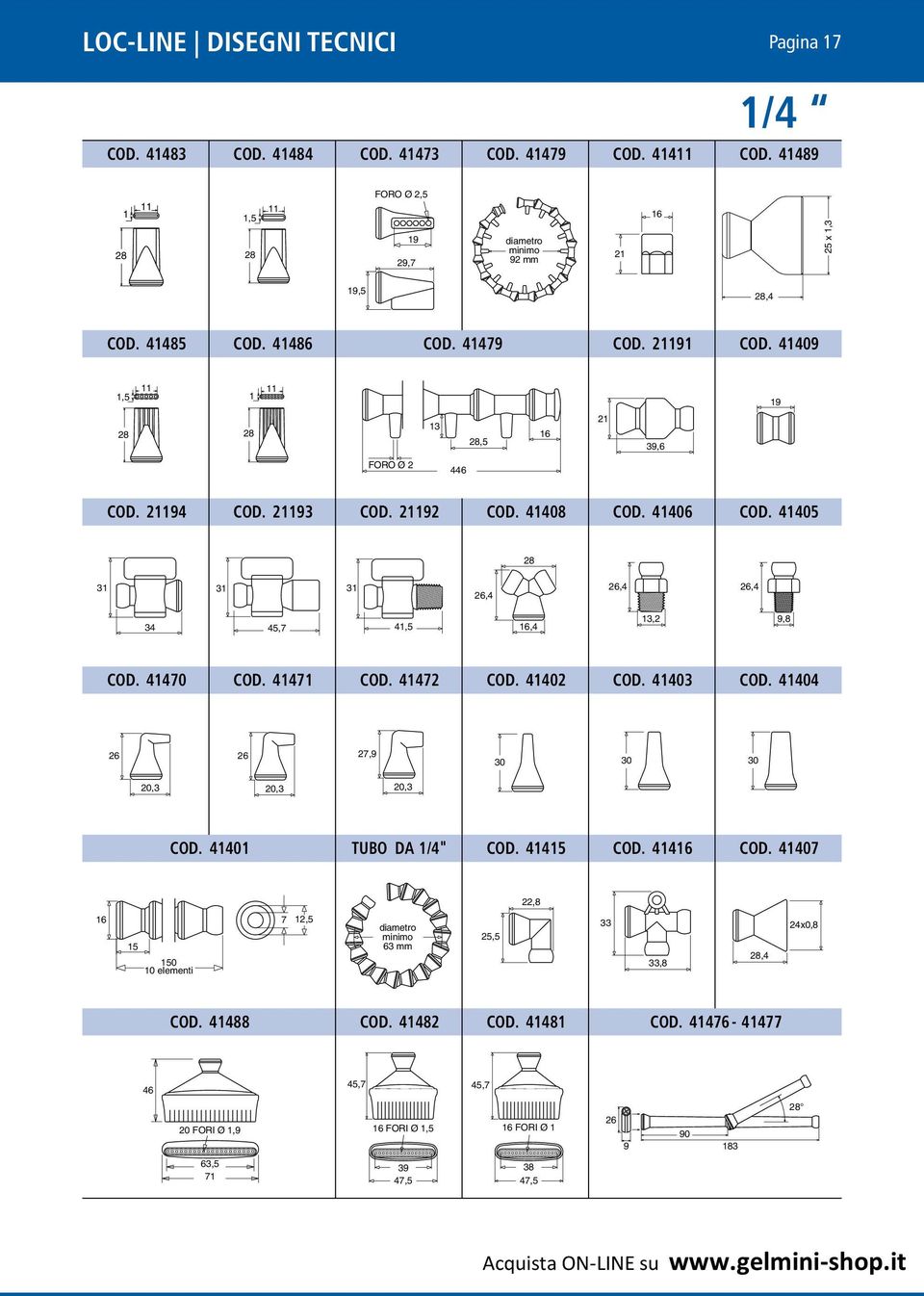 41405 28 26,4 26,4 26,4 34 45,7 41,5 16,4 13,2 9,8 COD. 41470 COD. 41471 COD. 41472 COD. 41402 COD. 41403 COD. 41404 26 26 27,9 30 30 30 20,3 20,3 20,3 COD. 41401 TUBO DA 1/4" COD. 41415 COD.