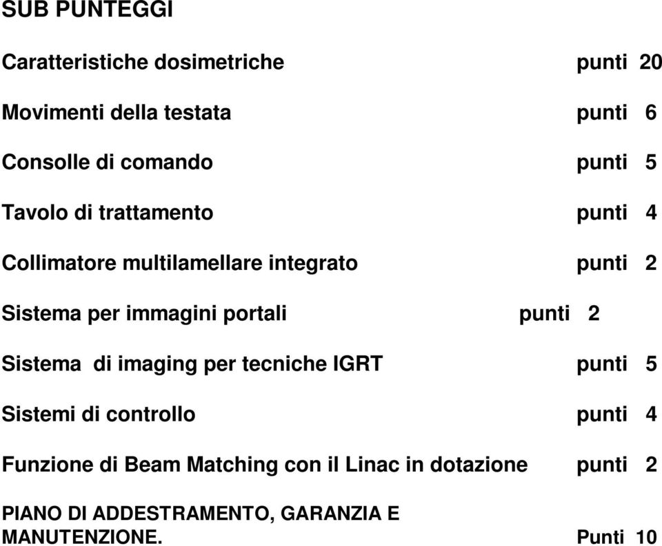 portali punti 2 Sistema di imaging per tecniche IGRT punti 5 Sistemi di controllo punti 4 Funzione di