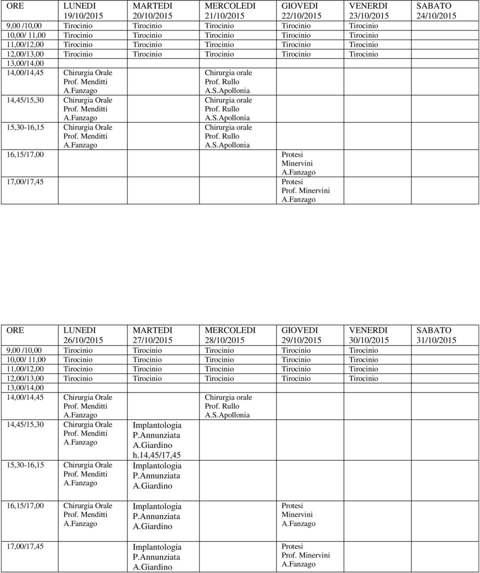 26/10/2015 27/10/2015 28/10/2015 29/10/2015 Chirurgia Orale 14,45/15,30 Chirurgia