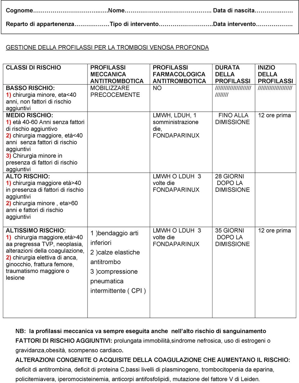 rischio 2) chirurgia minore, eta>60 anni e fattori di rischio MECCANICA ANTITROMBOTICA MOBILIZZARE PRECOCEMENTE FARMACOLOGICA ANTITROMBOTICA DURATA DELLA NO ////////////////////// //////// LMWH,