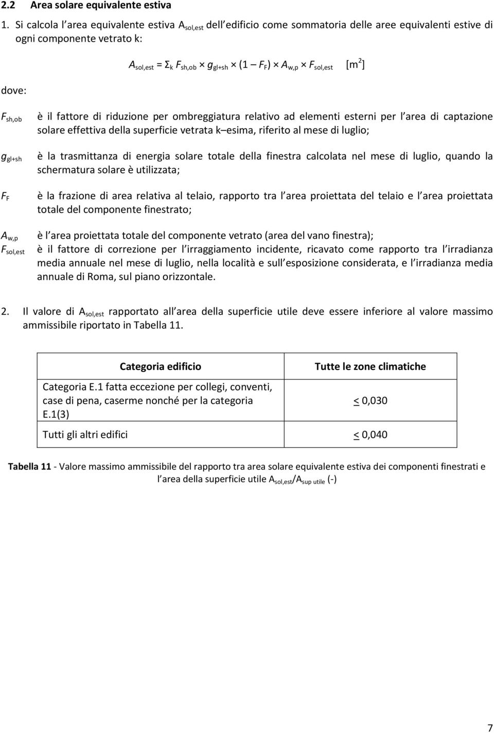 [m 2 ] F sh,ob g gl+sh F F A w,p F sol,est è il fattore di riduzione per ombreggiatura relativo ad elementi esterni per l area di captazione solare effettiva della superficie vetrata k esima,