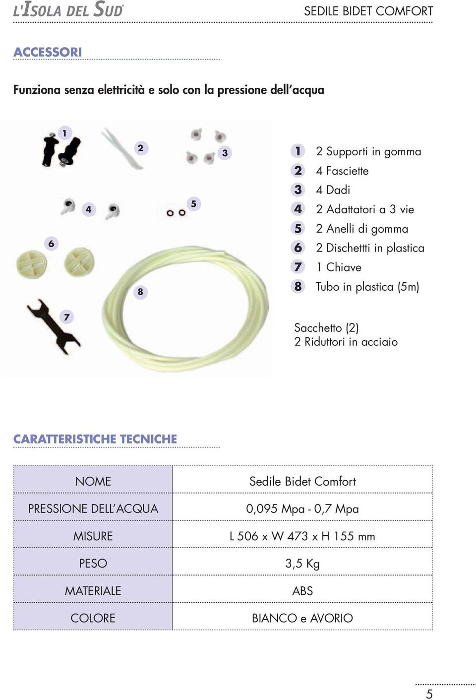 plastica (5m) Sacchetto (2) 2 Riduttori in acciaio CARATTERISTICHE TECNICHE NOME PRESSIONE DELL ACQUA MISURE